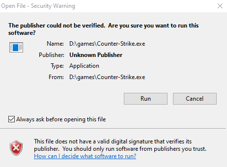 Open File - Security Warning window asking whether to run Counter-Strike.exe, with Run and Cancel buttons