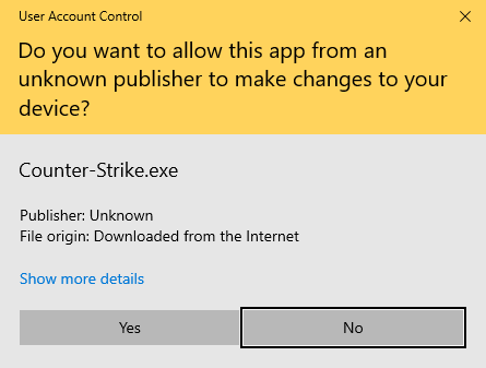 User Account Control window: Do you want to allow this app from an unknown publisher to make changes to your device, with Yes and No buttons