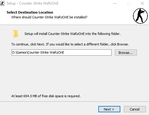 Setup - Select Destination Location: folder Games, Counter-Strike WaRzOnE, with Browse and Next buttons; at least 694.5 MB of free disk space is required