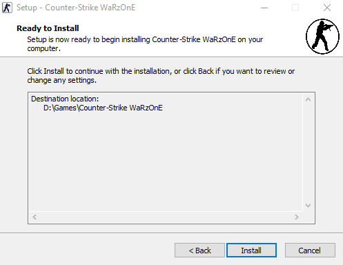 Setup - Ready to Install, showing the destination location, with Back, Install and Cancel buttons