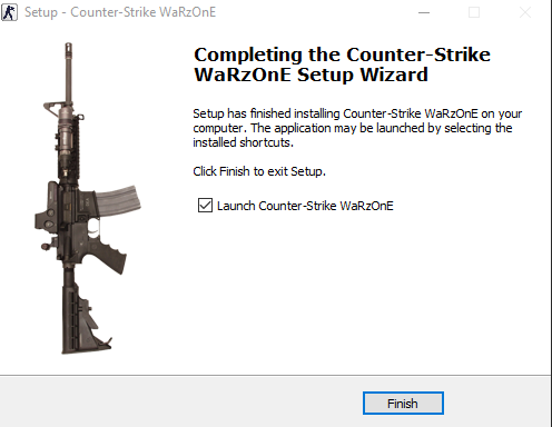 Completing the Counter-Strike WaRzOnE Setup Wizard, with Launch Counter-Strike WaRzOnE ticked and a Finish button